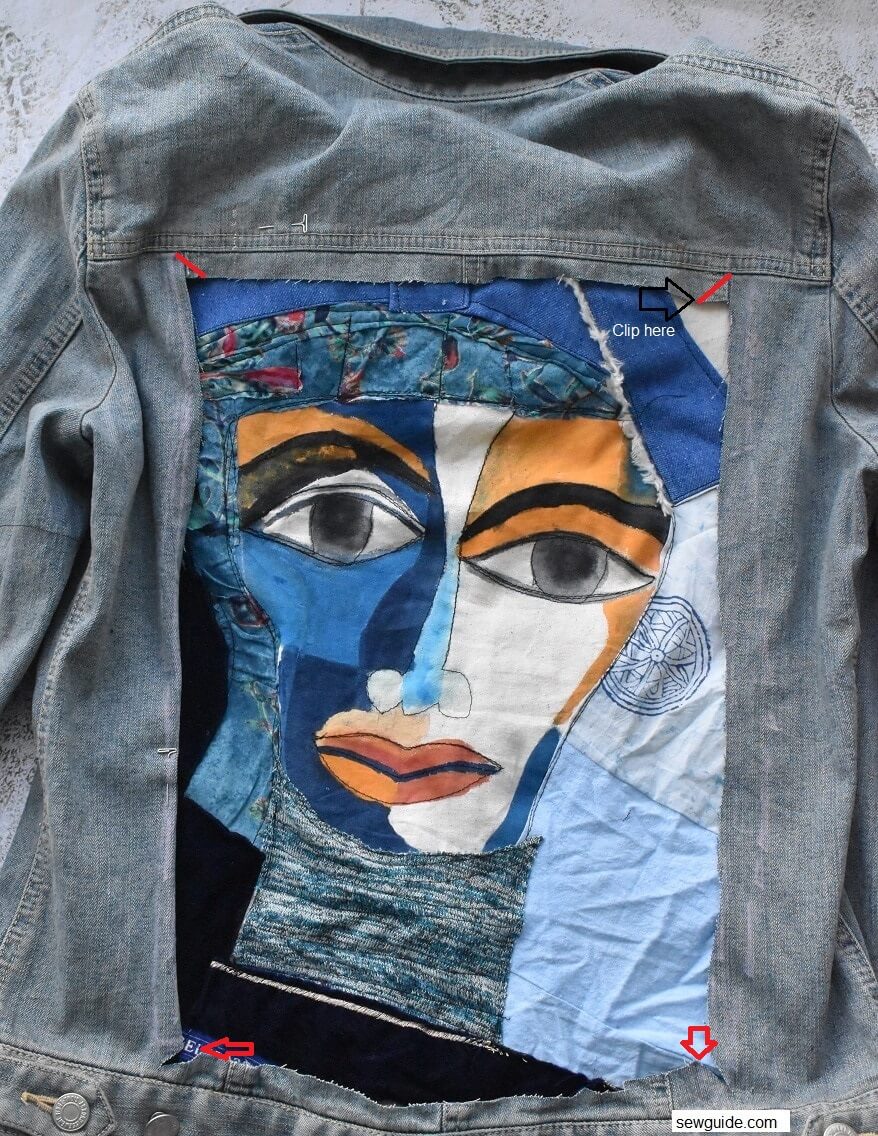 clip the corners of the cut out on denim jacket