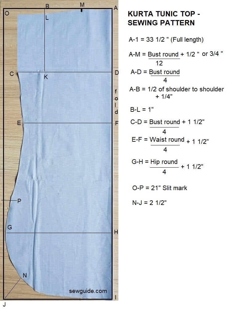 kurta tunic top sew pattern for the front and back