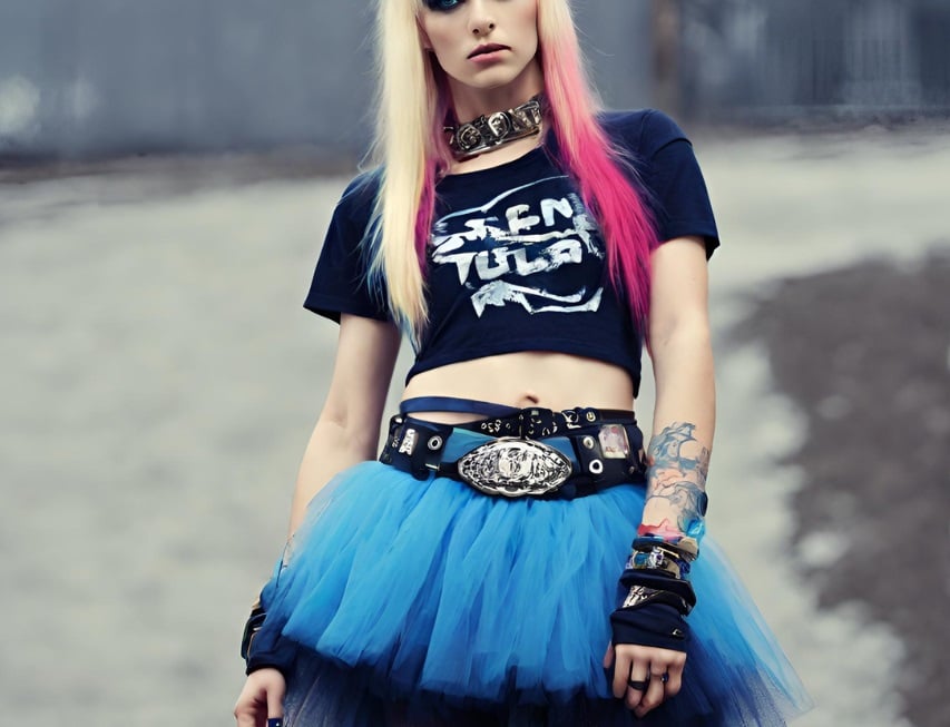 representative image of a girl wearing realistic wide shot of a girl wearing Scene fashion, popularized in the mid-2000s, hair dyed in bright, blue, Heavy eye makeup, brightly colored leggings, tutu-like tulle skirt in blue color, Graphic tees featuring band logo, Studded belts, chunky bracelet