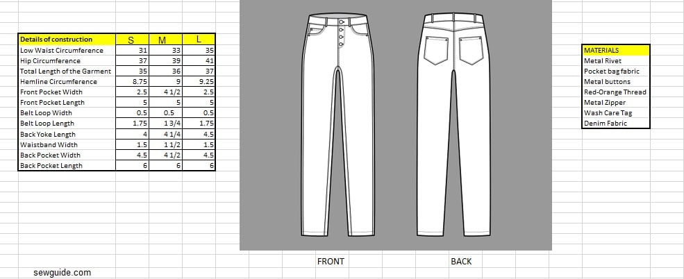 sample tech pack for jeans construction