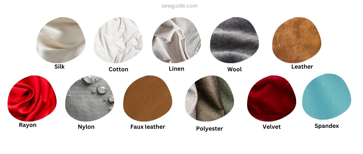 list of fabrics you can buy like cotton, linen, rayon, spandex, silk, polyester, nylon