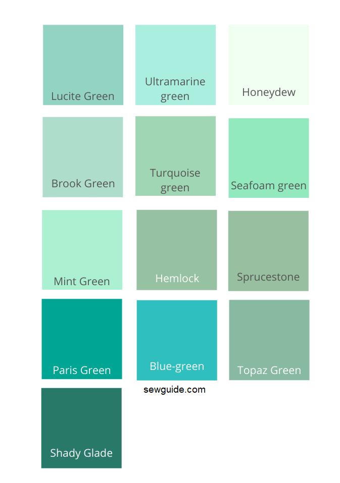 blue color names - Lucite green, Ultramarine green, Honeydew, Brook Green, Turquoise green, Seafoam green, Mint green, Hemlock, Sprucestone, Paris green, Blue-green, Topaz green, Shady glade 