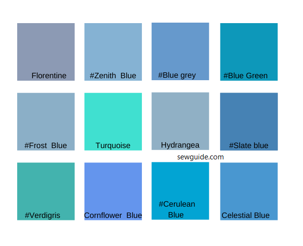 medium shades of blue names - florentine, xenith blue, blue grey, blue green, Frost blue, Turquoise, Hydrangea, Slate blue, Verdigris, Cornflower blue, Cerulean blue, Celestial blue